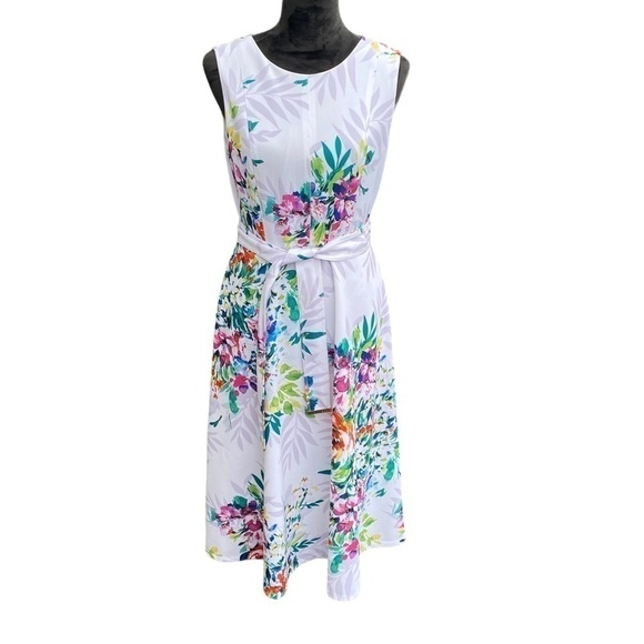 DKNY Ladies White Floral Sleeveless Midi A-line Round Neck Dress With Belt Sz 6 - Picture 13 of 15